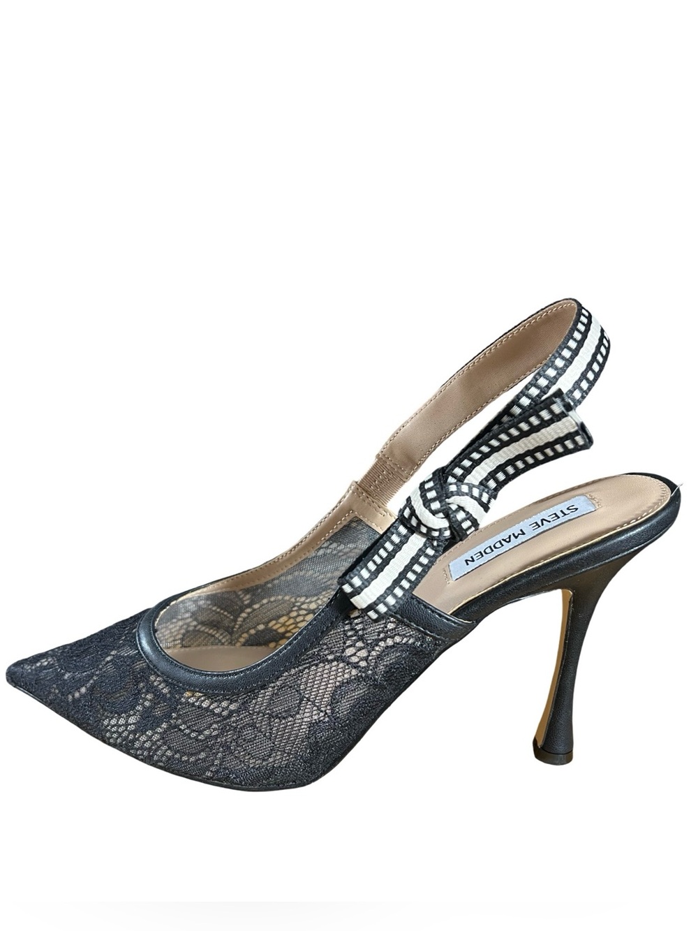 NWOB $109 Steve Madden Bri Black Lace Bow Slingback Heels Size 10M
